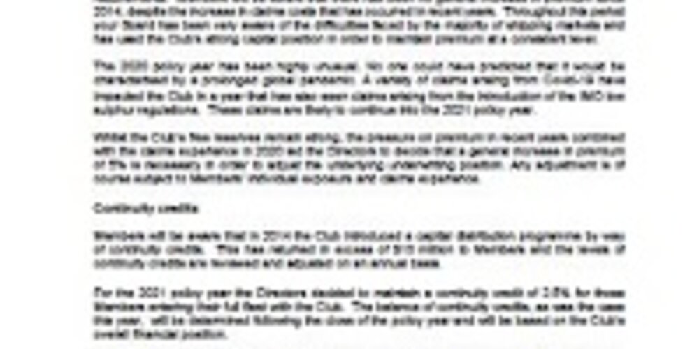 PREMIUM REQUIREMENTS FOR 2021/22 POLICY YEAR - NOVEMBER, 2020