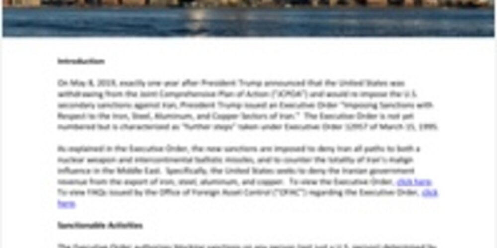 Freehills client alert on Iran sanctions on the metals sector - 8th May 2019