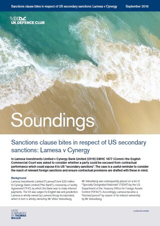 September, 2019 - Sanctions clause bites in respect of US secondary sanctions