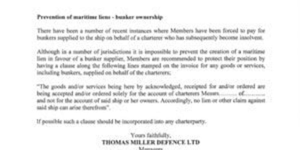 Prevention of Maritime Liens - Bunker Ownership