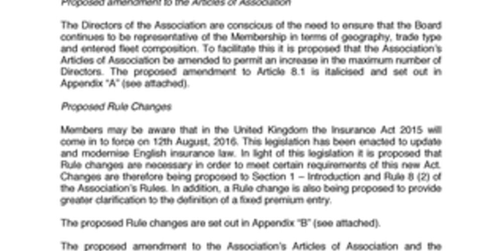 Proposed Amendment to the Association's Articles of Association