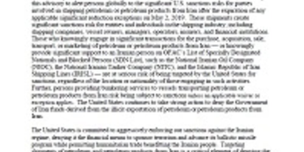 Sanctions Risks - Shipping Petroleum from Iran