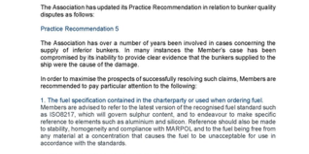 ADDITION OF REPLACEMENT PRACTICE RECOMMENDATION 5 ON BUNKER QUALITY DISPUTES - OCTOBER, 2020