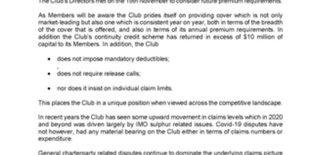 PREMIUM REQUIREMENTS FOR THE 2022/23 POLICY YEAR - NOVEMBER, 2021